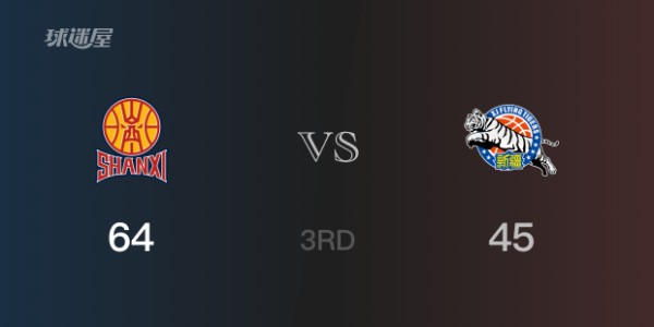 三节结束，山西以64-45领先新疆，贾明儒17分2篮板2助攻